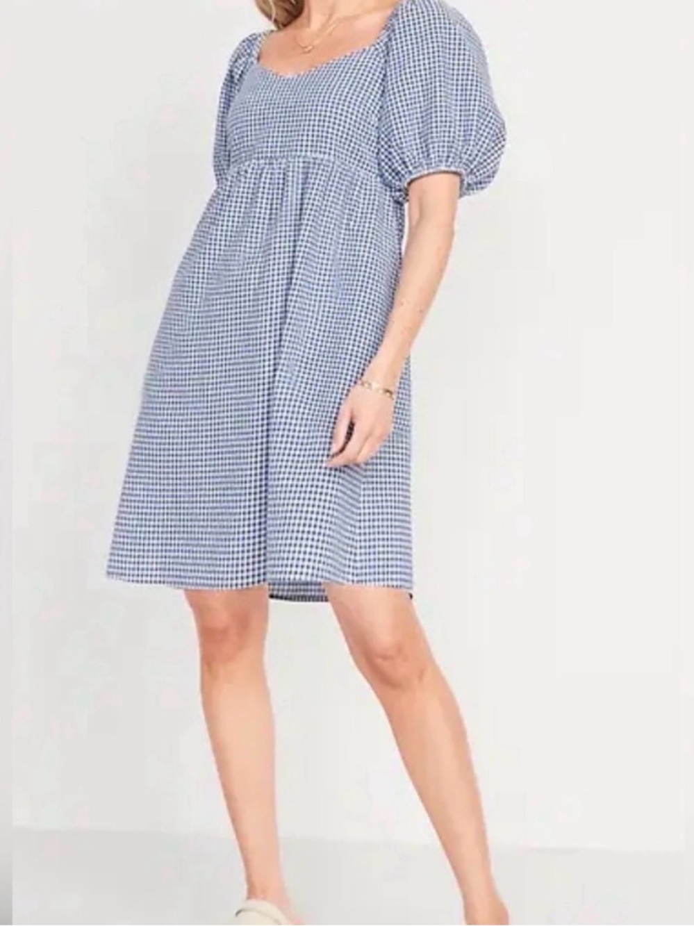 Old Navy Blue Gingham Puff Sleeve Mini Dress Pockets Size S